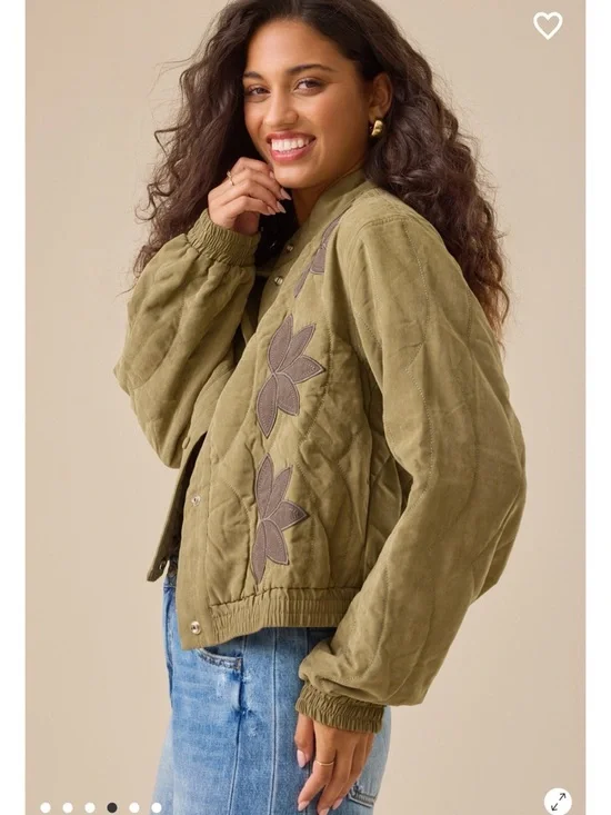 Altar'd State Olive Quilted Bomber with Brown Floral Appliqué - Picture 2 of 7